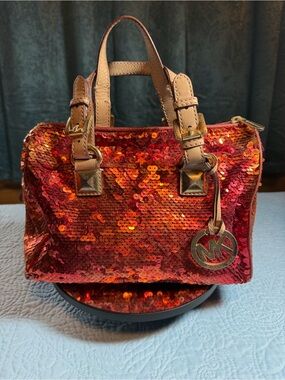 MICHAEL Michael Kors Red Sequin Mini Satchel with Beige Trim